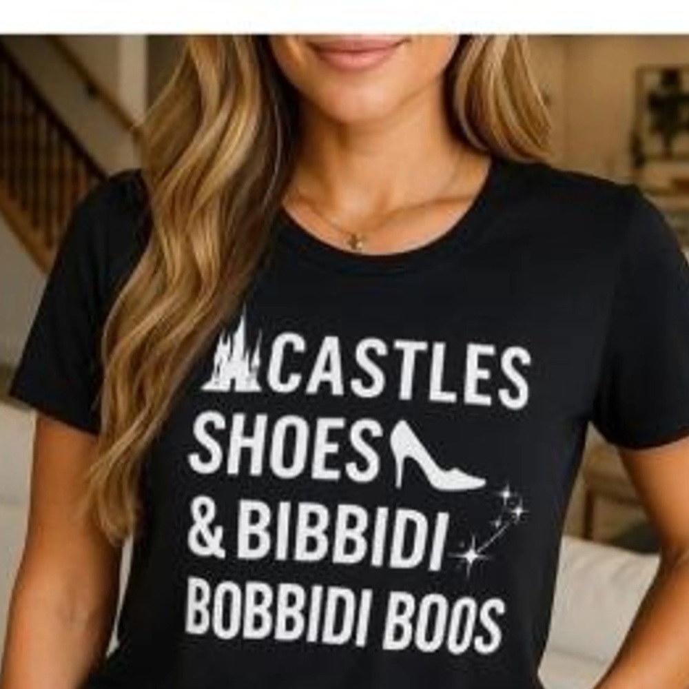 Disney black graphic shirt castles, shoes, & Bibbidi bobbidi boos white writing